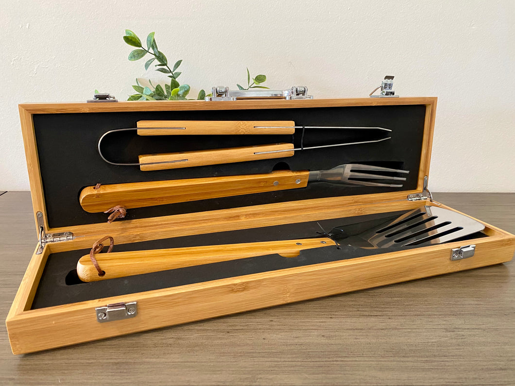 Personalized Engraved Three Piece Bamboo Grill Set